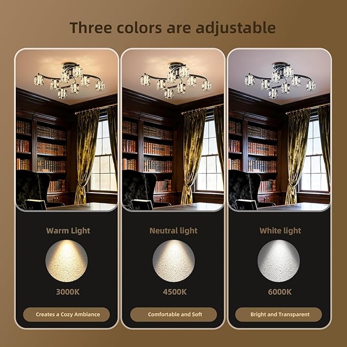 Black Modern Sputnik Chandelier Ceiling Light Fixtures,8-Lights Farmhouse Crystal Semi Flush Mount Ceiling Light for Bedroom Dining Room Living Room Kitchen Hallway