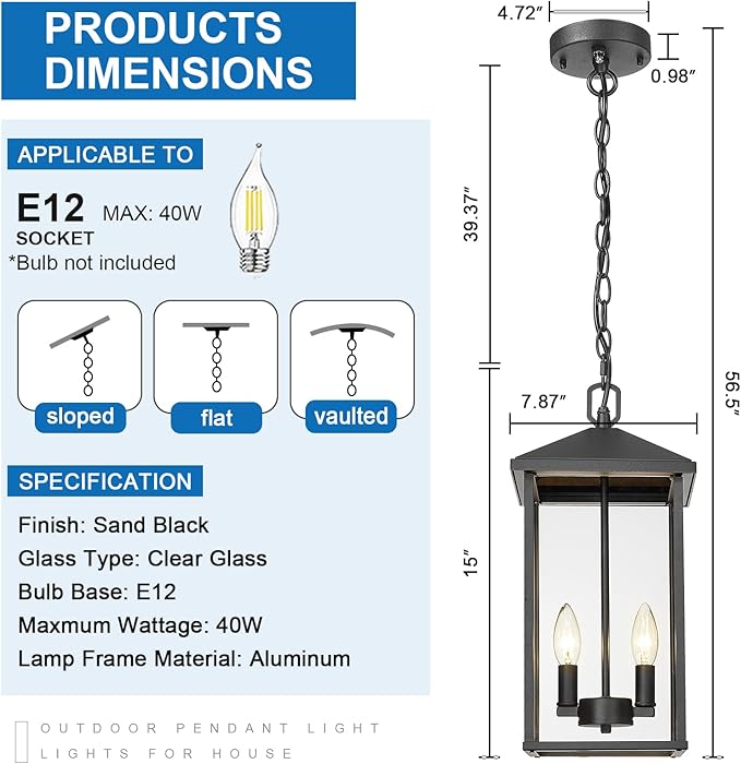 Large Outdoor Pendant Light Matte Black Hanging Light Fixture Ceiling Mount 2-Light, Dusk to Dawn Modern Large Outdoor Chandelier with Clear Glass Exterior Pendant Lights for Porch Patio