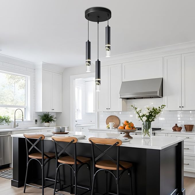 Modern Black Crystal Pendant Ceiling Lamp - 3-Light 36Waht Pendant Light Fixtures - Dimmable Hanging Chandelier Lighting for Dining Room Bedroom - Stylish Kitchen Island Light Fixture