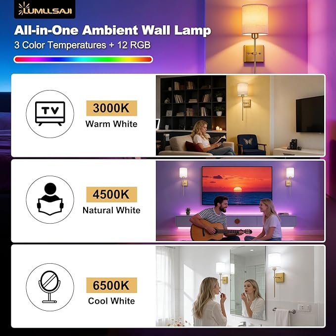 Battery Operated Wall Sconce Set of 2, Wireless Wall Lights with Remote 5300mAh Rechargeable Dimmable Bulb, 12 Colors Wireless Wall Sconces for Bedroom Living Room Hallway Decor