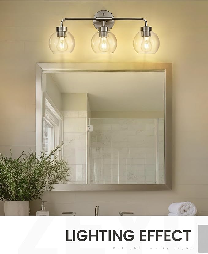 zeyu 23 Inch Bathroom Wall Light Fixtures, 3-Light Vanity Lighting Fixture, Brushed Nickel Finish with Clear Glass Globe Shade, ZS62BG-3W BN