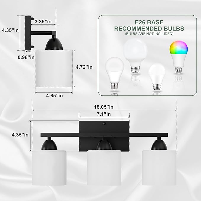 Black Bathroom Lights Over Mirror, Anti-rust Vanity Light Fixture for Bathroom, Modern 3-Light Wall Sconce Light for Living Room, Standard E26 Base, Milky White Glass Shades, Bulbs Not Included