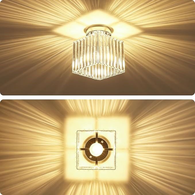 2-Pack Crystal Semi Flush Mount Ceiling Light Modern Chrome Small Square Ceiling Light Fixture Entryway Chandelier for Kitchen Bedroom Bathroom Hallway Laundry, 7.24Inch