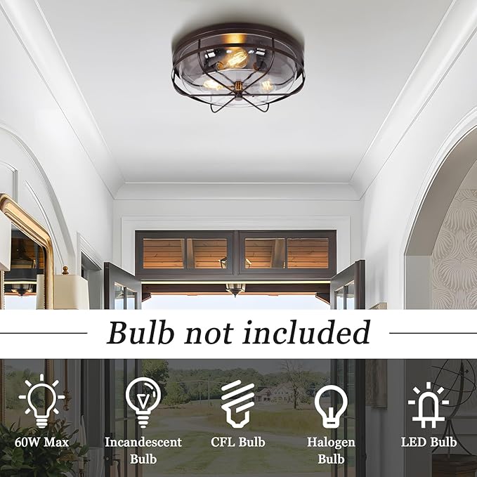 16 Inch Light Fixtures Ceiling Mount, Close to Ceiling Light with Seeded Glass, Outdoor Indoor Flush Mount Ceiling Light for Bedroom Living Room Kitchen Porch Hall Patio, ROS91AL-ORB