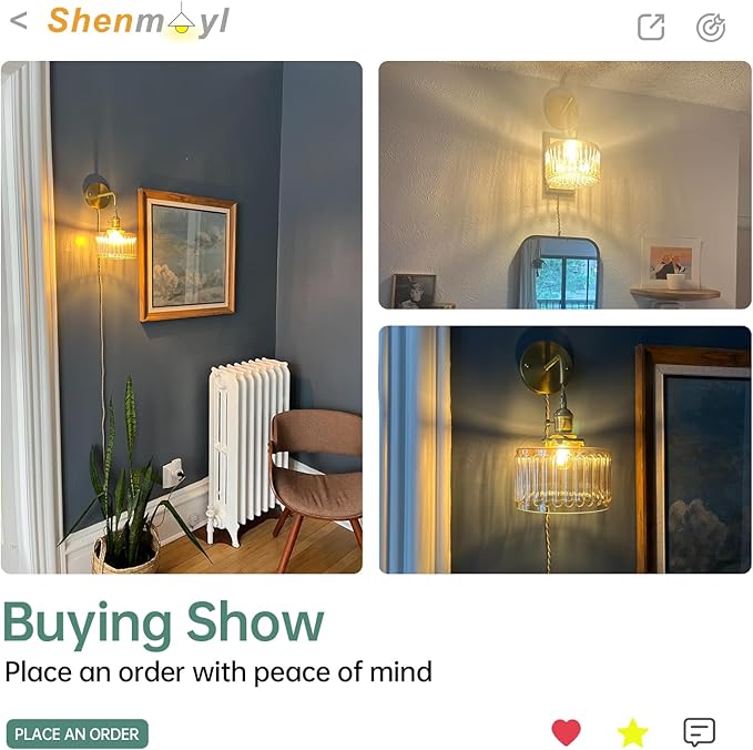 Shenmoyl Vintage Wall Sconce with Amber Striped Glass Shade Hanging Wall Sconce with 4.9FT Plug in Cord, Modern Wall Lamp Fixtures Decor for Bedside Bedroom Indoor Doorway, Set of 2