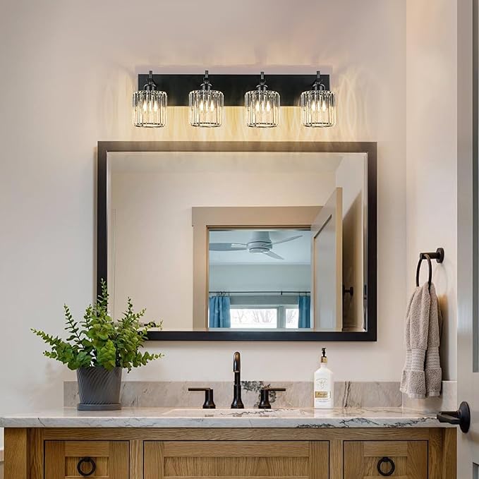 Black Crystal Bathroom Vanity Lights, Modern 4-Lights Bathroom Lighting Fixtures Over Mirror, Crystal Wall Lighting with Round Shade