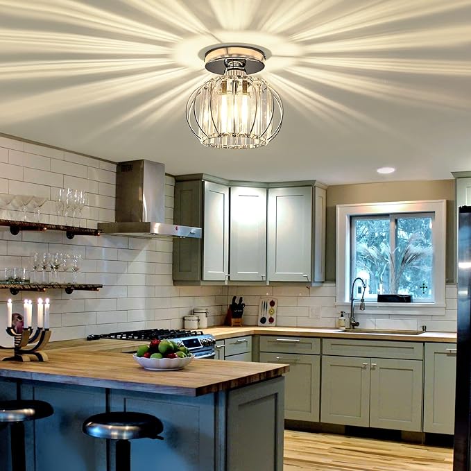 YYJLX Modern Semi Flush Mount Ceiling Light Fixture E26 Mini Crystal Chandelier Chrome Small Ceiling Lamp for Entryway Bedroom Bathroom Hallway Closet Foyer （Silver