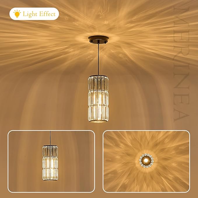 Black Crystal Pendant Light for Kitchen Island, Modern Mini Hanging Light Fixture with Adjustable Cord, 1-Light Farmhouse Pendant Lighting for Dining Room, Bedroom, Hallway, Bar