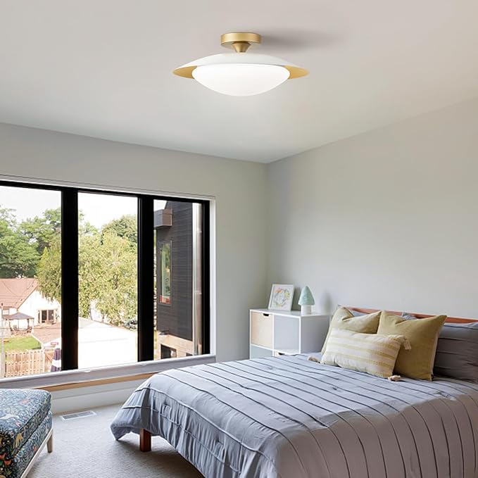 Dimmable Modern Mid-Century Ceiling Light, White and Gold LED Semi Flush Mount Ceiling Light, 5CCT 2700K-6000K Lighting Fixture Ceiling Lamp with Glass Shade for Bedroom Kitchen Living Room, 15.8in