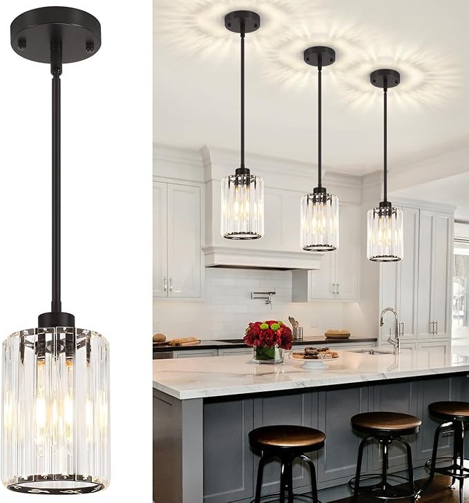 3 Pack Black Pendant Lights Kitchen Island, Modern Crystal Kitchen Pendant Lighting Over Island, Adjustable Hanging Bathroom Light Fixtures Mini Pendant Light for Dining Room Hallway Entryway Foyer