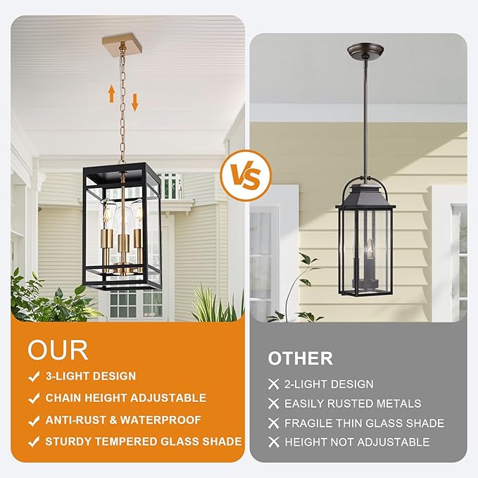 VINLUZ 3-Light Outdoor Pendant Light with Adjustable Chain, 16" Black and Gold Finish Outdoor Hanging Light Fixture, Exterior Hanging Lantern Chandelier for Entryway Patio Garden