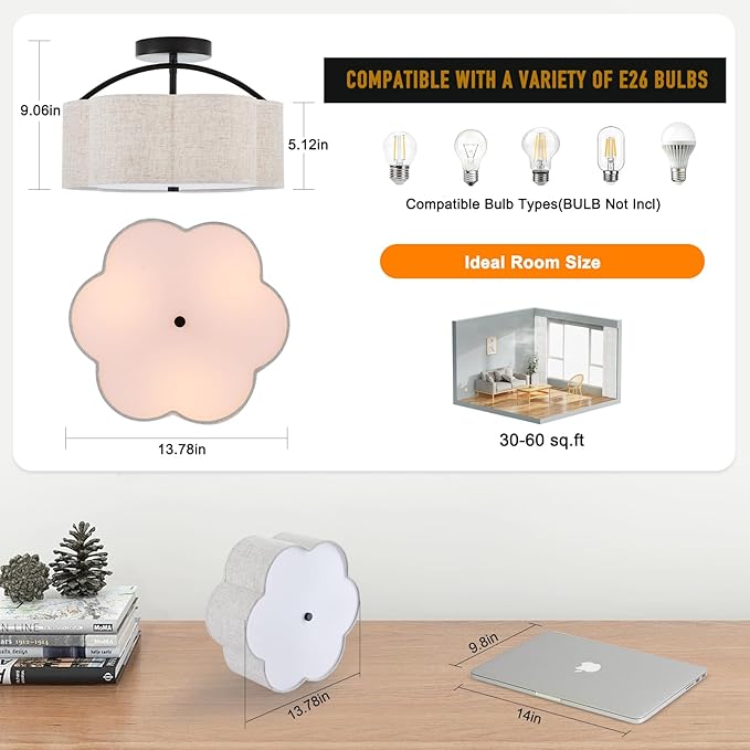 13.78" Semi Flush Mount Ceiling Light Modern 3-Lights Black Drum Ceiling Light Fixture with Fabric Linen Shade, Vintage Modern Ceiling Lighting for Laundry Room, Kitchen, Basement, Bedroom