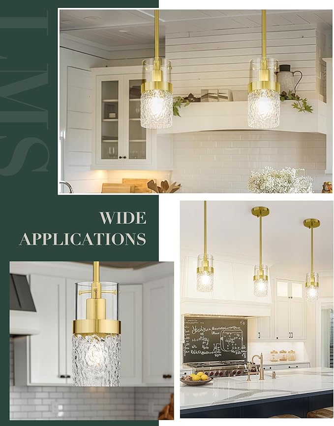LMS Gold Pendant Light, 1-Light Pendant Lighting for Kitchen Island with Hammered Glass, LMS-171