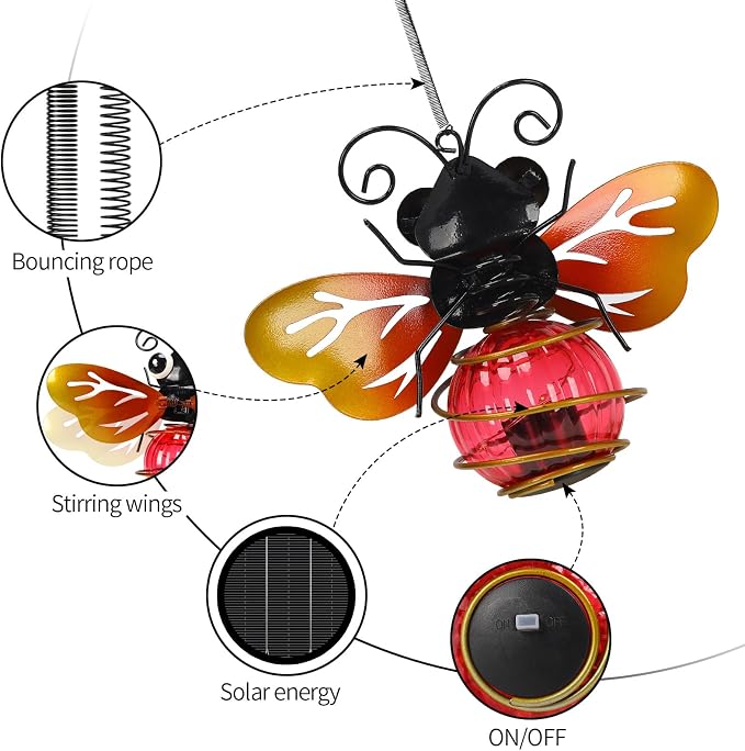 Bee Garden Decor with Bouncy Springs Pendant Lights Birthday Gifts for Women Mom Grandma,Hanging Solar Lights Outside Waterproof Metal Solar Outdoor Decoration for Yard, Porch,Patio,Backyard
