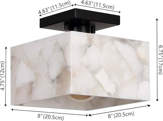 JONATHAN Y 8" White Marbling/Black Modern 1-Light Semi Flush Mount Ceiling Light for Bedroom, Cube White Alabaster Marble Shade, Mid-Century Minimalist Fixture, LED Bulb Included (JYL1203B)