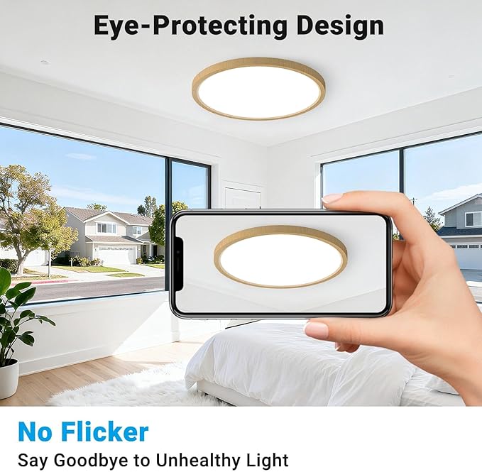 LED Flush Mount Ceiling Light,12Inch 24W,3000K/3500K/4000K/5000K/6500K 5 Color Temperatures Ceiling Light Fixture for Kitchen Porch Hallway Bedroom Bathroom and Closet,Wood