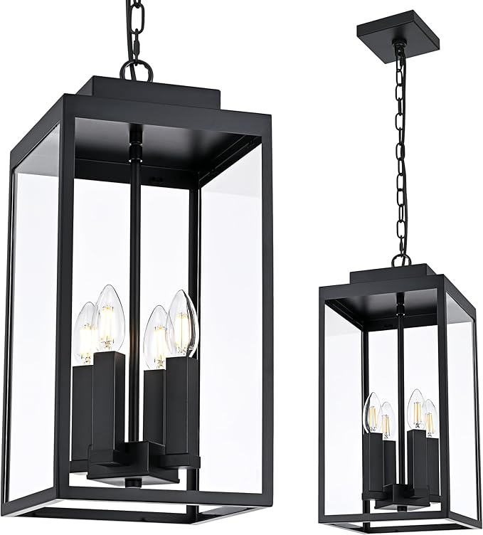 MELUCEE Large Outdoor Pendant Light Fixtures 4-Light, Farmhouse Exterior Hanging Lantern Porch Light, Black Hanging Lamp Ceiling Mount Outdoor Chandelier for Porch Patio Gazebo Entrance