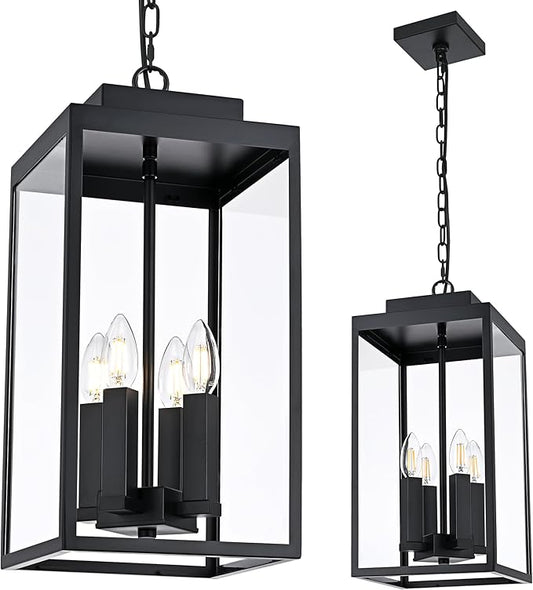 MELUCEE Large Outdoor Pendant Light Fixtures 4-Light, Farmhouse Exterior Hanging Lantern Porch Light, Black Hanging Lamp Ceiling Mount Outdoor Chandelier for Porch Patio Gazebo Entrance