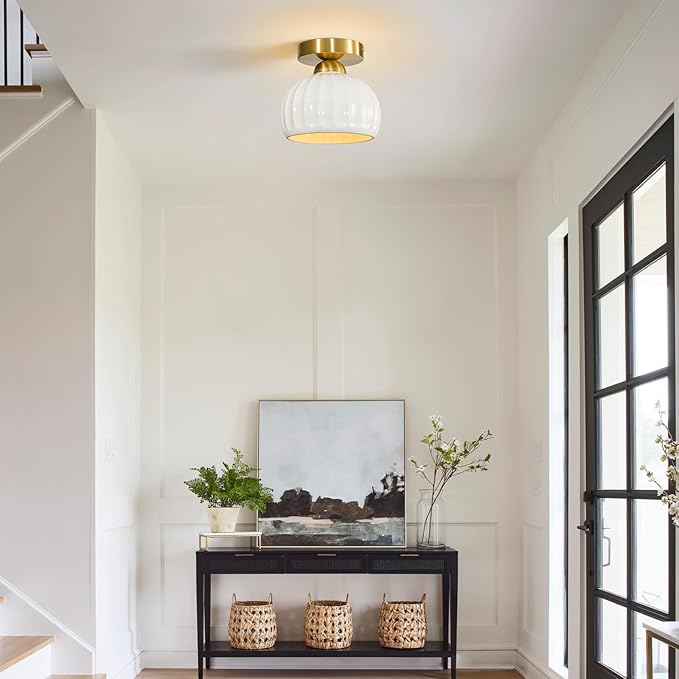 Glaze Ceramic Semi Flush Mount Ceiling Light - 2 Pack, Vintage Gold Hallway Light Fixtures, Milk White Globe Ceiling Lights, Mid Century Small Light Fixture for Cottage Entryway Laundry Room Foyer