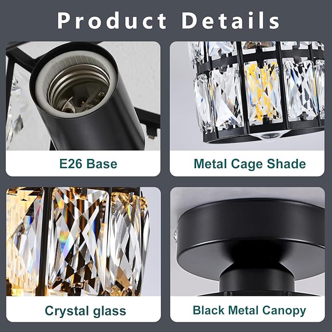 Black Hallway Light Fixtures, Modern Semi Flush Mount Ceiling Light, 1-Light Crystal Chandelier for Bedroom, Hallway Light Fixture Ceiling Mount for Kitchen, Entryway