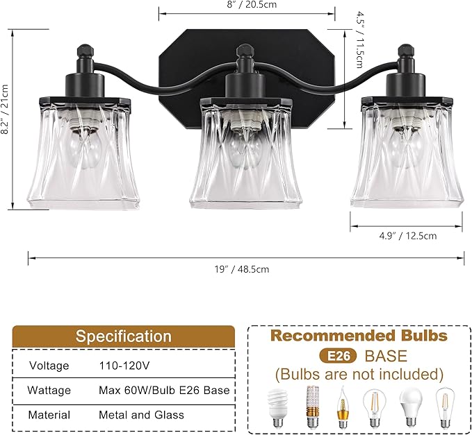 Bathroom Vanity Light Fixtures, 3-Light Vintage Matte Black Vanity Lights with Crystal Glass Shades, Farmhouse Bathroom Lighting Fixtures Over Mirror for Bathroom Bedroom Hallway