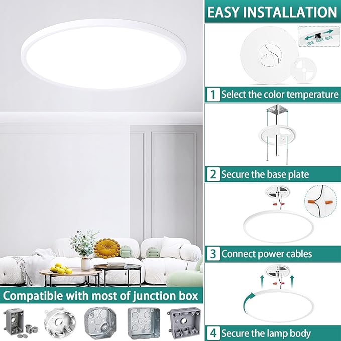 20 Inch LED Flush Mount Ceiling Light Fixture,Dimmable Ultra Thin Round Ceiling Light,40W 4000 Lumens,3 Color Temperatures 3000K 4000K 6000K,White,for Kitchen Dining Room Bedroom Office