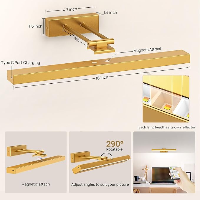 PESUTEN Picture Light Battery Operated, 16in Wireless Art Light for Paintings CCT Dimmable Recharging Battery Picture Light with Remote Control for Gallery Dartboard Art Bedroom Bathroom 2pcs Gold