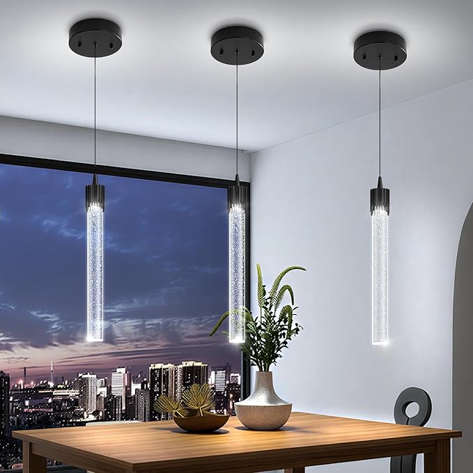 ykolupty Modern Pendant Lights Kitchen Island Black Crystal Mini Pendant Light with Dimmable LED 2700K-6000K,Bubble Crystal Chandelier Dining Room and Bar - 1 Pack