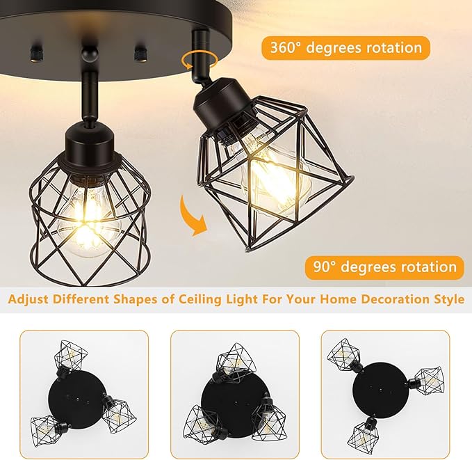 3-Light Kitchen Flush Mount Ceiling Light, Adjustable Multi-Directional Ceiling Light Fixture, Farmhouse Black Metal Cage Close to Ceiling Lamp for Dining Room Bedroom Hallway