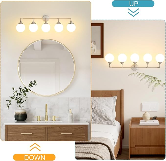 Brushed Nickel Vanity Lights Fixtures, 5-Light Bathroom Vanity Lighting Over Mirror, Modern Bathroom Wall Sconces with Milky White Glass Ball Shades
