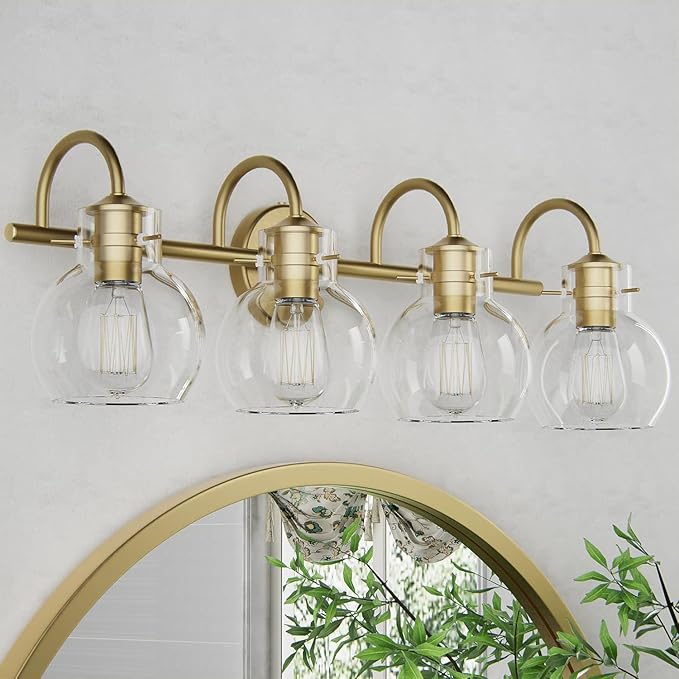 4-Light Gold Bathroom Vanity Light Fixtures, 24 Inch Over Mirror with Clear Glass Shade Wall Mounted Sconces for Bathroom, Living Room, Hallway, E26 Base
