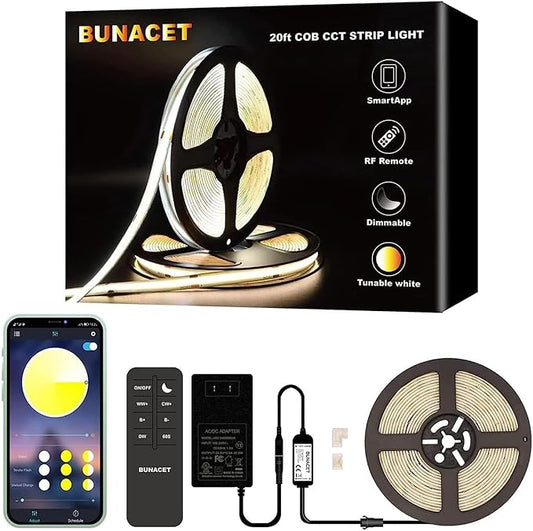 COB LED Strip Light 20ft/6m Tunable White 3000K-6500K, High Lumen CRI 90+ with UL Listed 24V Power Adapter RF Remote for Bedroom Counter Under Cabinet Kitchen Projects
