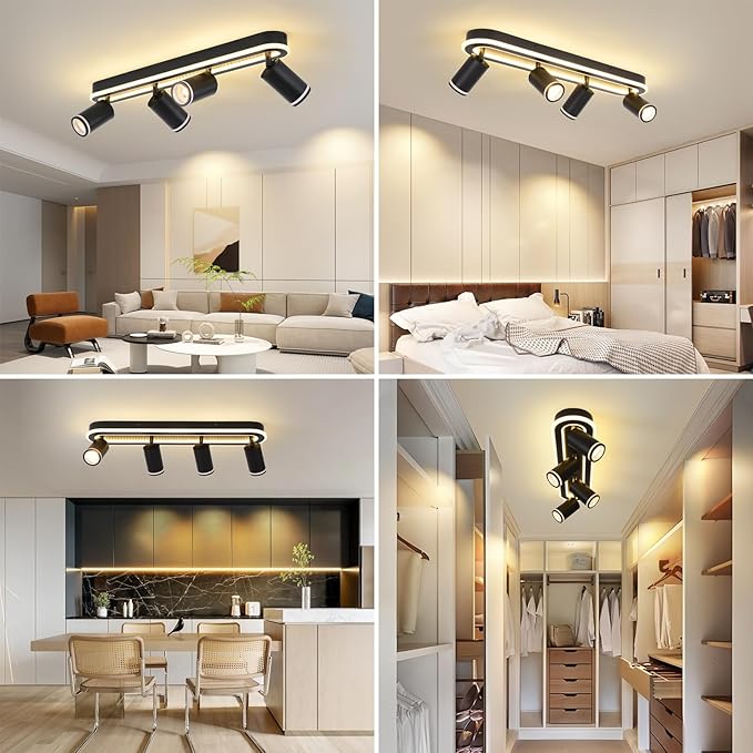 LED 4 Light Track Lighting Spotlight Kit, Black Ceiling Spotlights, Modern Track Light Fixture with Flexibly Rotatable Light Heads, 50W+20W Dual Lighting for Kitchen Living Room,Includes 4 x GU10 Bulb