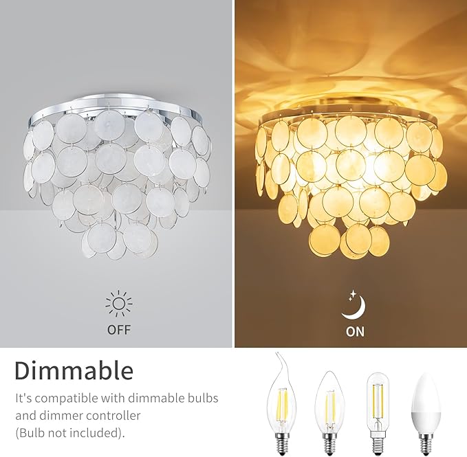3-Light Capiz Shell Ceiling Light, Coastal Design Flushmount Light Fixture for Dining Room, Living Room, Bedroom, True Shell & Chrome Finish Frame