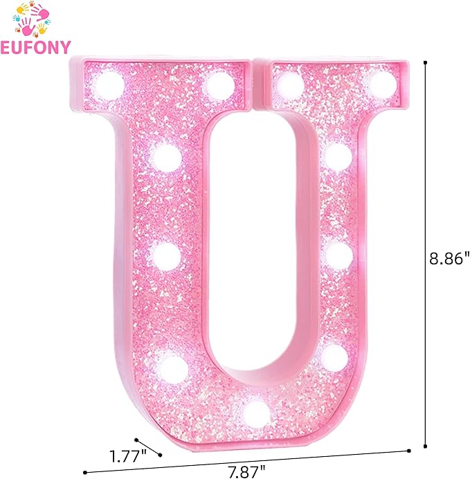 Pink Marquee Light Up Letters, Glitter Alphabet LED Letter Lights for Pink Birthday Party Decorations, Battery Operated Letter Sign for Girls Room Vanity Table Decor, Cool White Lights Letter U
