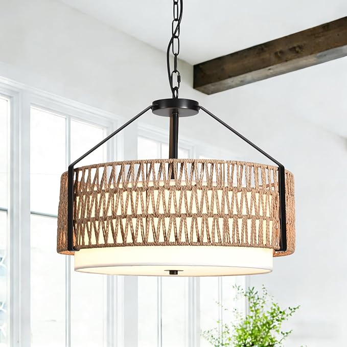 4-Light Boho Light Fixtures 19.7" Rattan Pendant Light Rustic Farmhouse Chandelier for Dining Flush Mount Ceiling Hanging Light Fixture for Hallway Entryway Kitchen Island