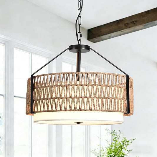 4-Light Boho Light Fixtures 19.7" Rattan Pendant Light Rustic Farmhouse Chandelier for Dining Flush Mount Ceiling Hanging Light Fixture for Hallway Entryway Kitchen Island