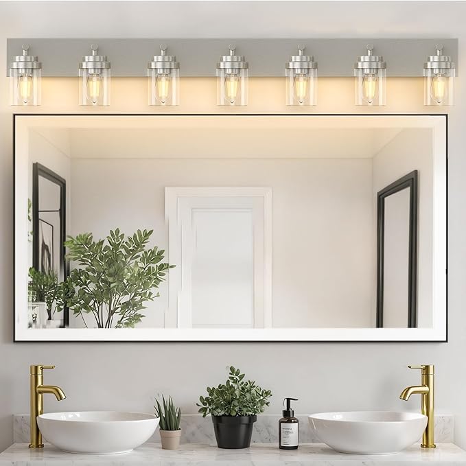 IZORRO Bathroom Vanity Light Fixture, 7-Light 52 inch Brushed Nickel Bathroom Light Fixtures Over Mirror, with Clear Glass Shade, Modern Farmhouse Vanity Lights, Rustic Restroom Lighting Fixtures