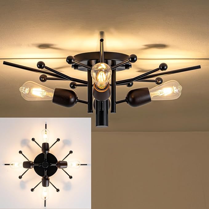 4 Light Sputnik Light Fixture Black Flush Mount Lights Industrial Ceiling Light Wood 25.24" Modern Farmhouse Ceiling Lights for Kitchen Bedroom Bathroom Foyer Hallway(E26)