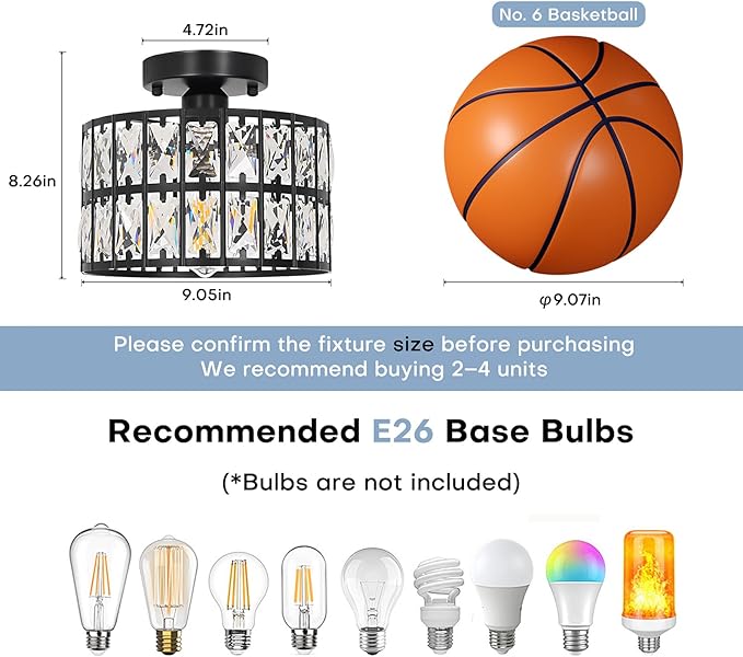9 Inch Crystal Ceiling Light with Dimmable Options, Modern Flush Mount Chandelier for Low Ceiling, Crystal Light Fixture for Kitchen, Bedroom, Bathroom, Entryway, Hallway, Closet (Black)