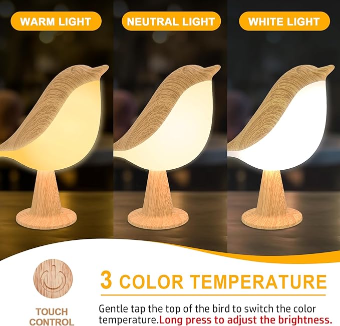 Deogos Small Desk Lamp, Cute Bird Light Cordless Lamp with 3 Color Temperature and Touch Sensor,Kids Night Light with Rechargeable Battery for Bedroom Nightstand Bedside Table Room Decor