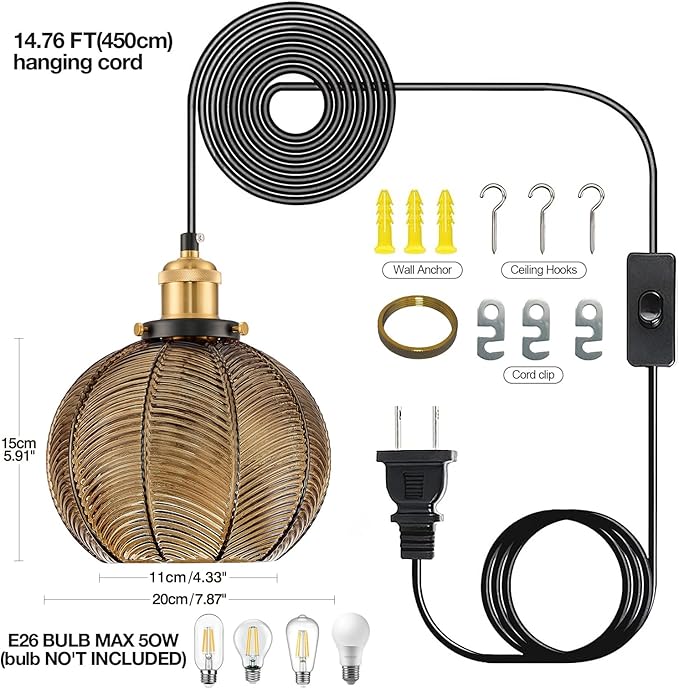 Modern Plug in Hanging Light, 7.8 Inch Glass Pendant Light with 14.76 FT Adjustable Plug in Cord, Vintage Amber Hanging Lamp for Dining Room Bedroom Kitchen Island Bathroom E26