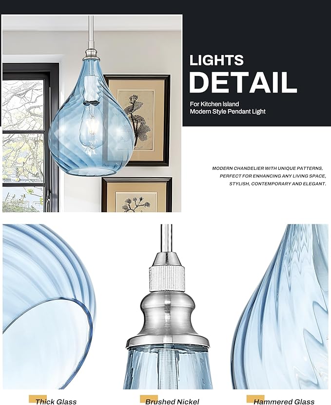 TENGXIN 8 Inch Hanging Light for Kitchen Island,Kitchen Pendant Lighting Over Island,Brushed Nickel Finished Blue Glass Pendant Light,Farmhouse Pendant Light for Dining Room,TXPLBN13-L