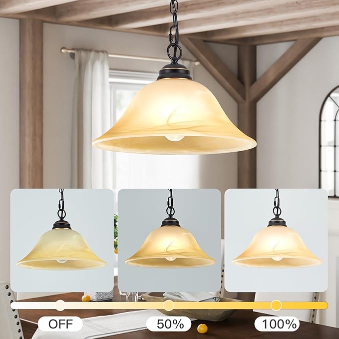 Plug in Pendant Light Fixture with Retro Alabaster Glass Shade, Black & Gold Hanging Lamp with Dimmable Switch,16.4Ft Cord & 14.7Ft Chain for Kitchen Sink Corner Nook