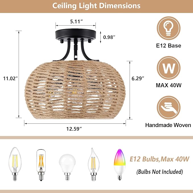 XSDeTu Boho Light Fixtures Ceiling Mount, 4-Light Farmhouse Hemp Rope Flush Mount Ceiling Light, Rustic Hand Woven Chandelier, Coastal Close to Ceiling lamp for Bedroom Hallway Entryway Kitchen