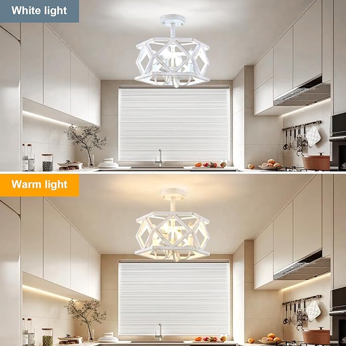 Antique White Semi Flush Mount Ceiling Light, Modern Foyer Lighting Fixture, 4-Light Metal Ceiling Lamp, Small Farmhouse Chandelier for Hallway Entryway Porch Bedroom Kitchen
