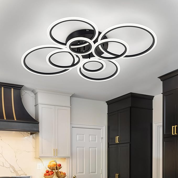 Vikaey Modern LED Flush Mount Ceiling Light, 8 Rings Black Close to Ceiling Light Fixtures, Living Room Lighting Ceiling Lamp for Dining Room, Bedroom, Kitchen, 4000K Not Dimmable