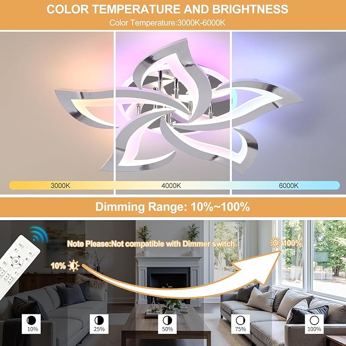 Modern Ceiling Light,50W Flush Mount Ceiling Lights,Dimmable Ceiling Lamp with Remote,Acrylic Ceiling Lamps Fixture for Living Room Dining Room Bedroom,Kitchen,3000-6000K,Chrome