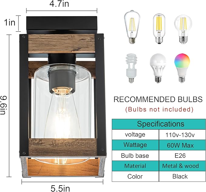 Mayful Farmhouse Flush Mount Ceiling Light, Rustic Ceiling Light Combine with Metal and Wood Frame, Clear Glass Ceiling Light Fixture for Kitchen Island Entryway Porch Foyer Dining Room