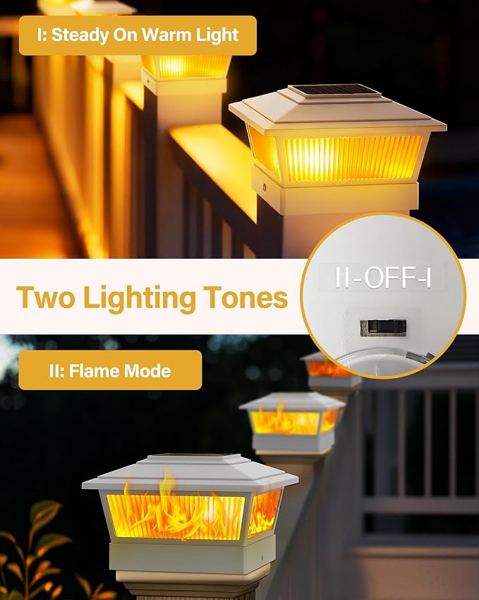 KEILAIMO Solar Post Cap Lights Outdoor for 4x4 5x5 6x6 Wood/Vinyl Posts, 2 Pack Fence Post Solar Lights with Flickering Flame & Warm Modes for Deck/Garden/Patio, IP65 Waterproof - Glossy White